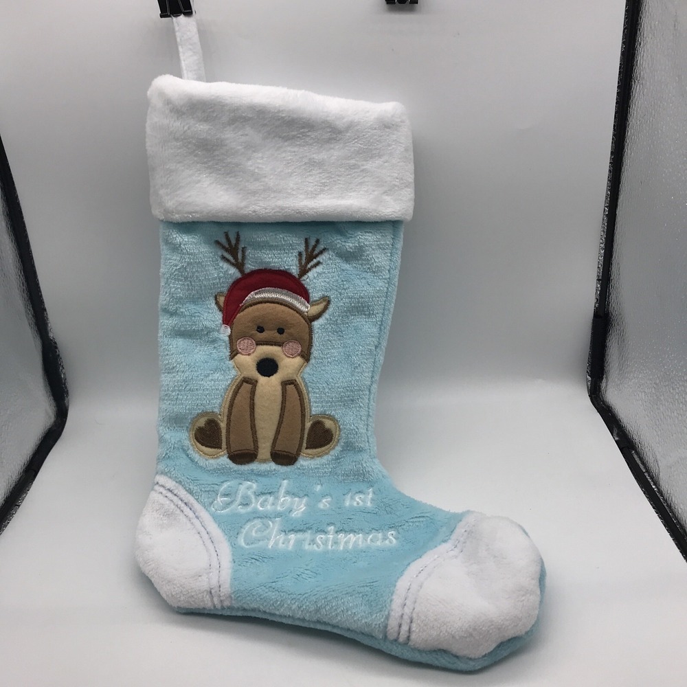 Baby's First Christmas Stocking Blue Reindeer Holiday Home 12"